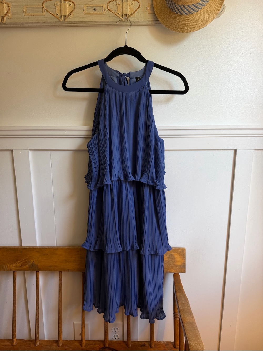 Pleated Tiered Halter Dress - Blue